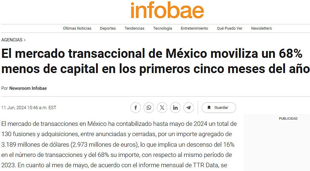 El mercado transaccional de Mxico moviliza un 68% menos de capital en los primeros cinco meses del ao